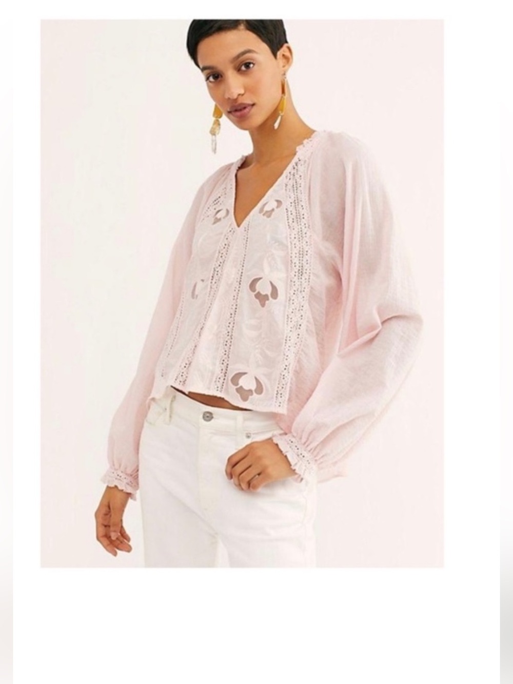 Free People White Embroidered V-Neck Peasant Blouse